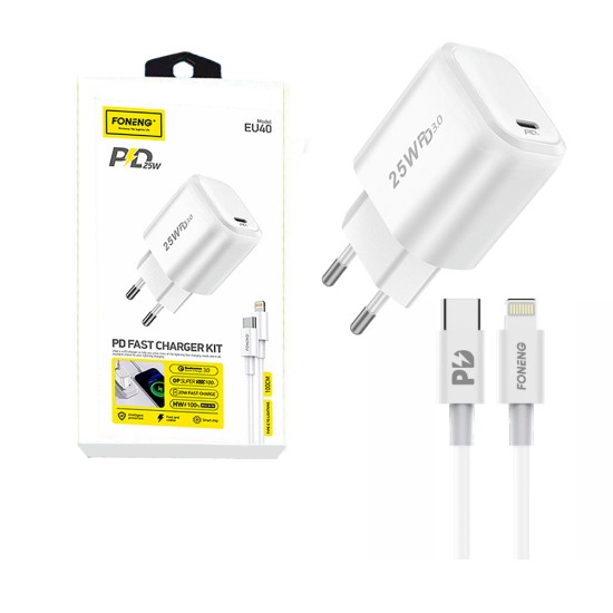 Adaptador Carregador Rápido Foneng EU40 com Cabo Tipo C a Relâmpago PD 25W Branco